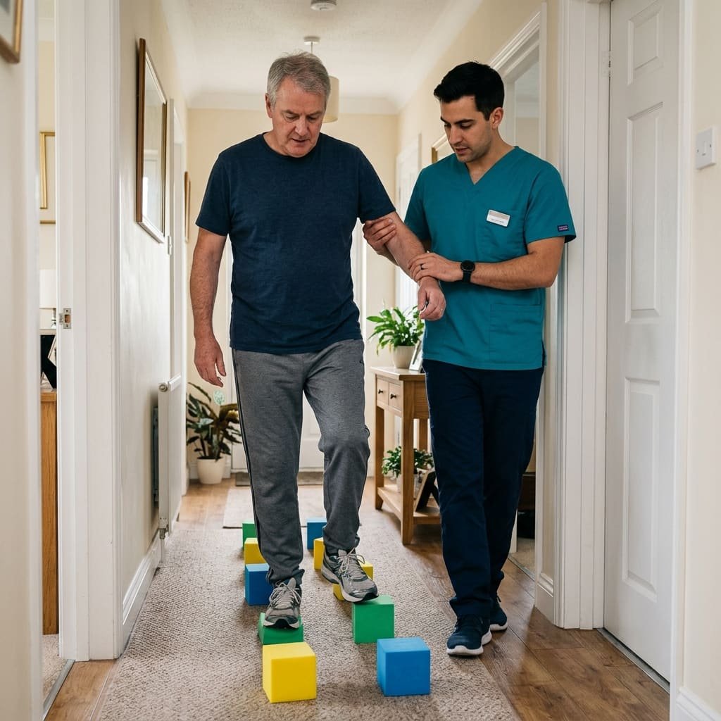 Older man practicing safe balance and walking with a male physiotherapist