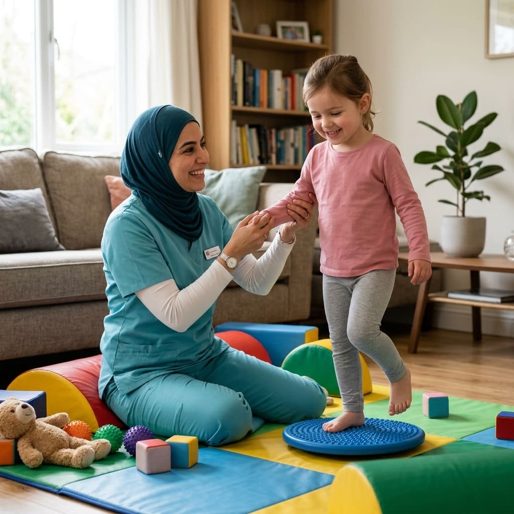 Child performing therapeutic motor play with a physiotherapist and parent nearby