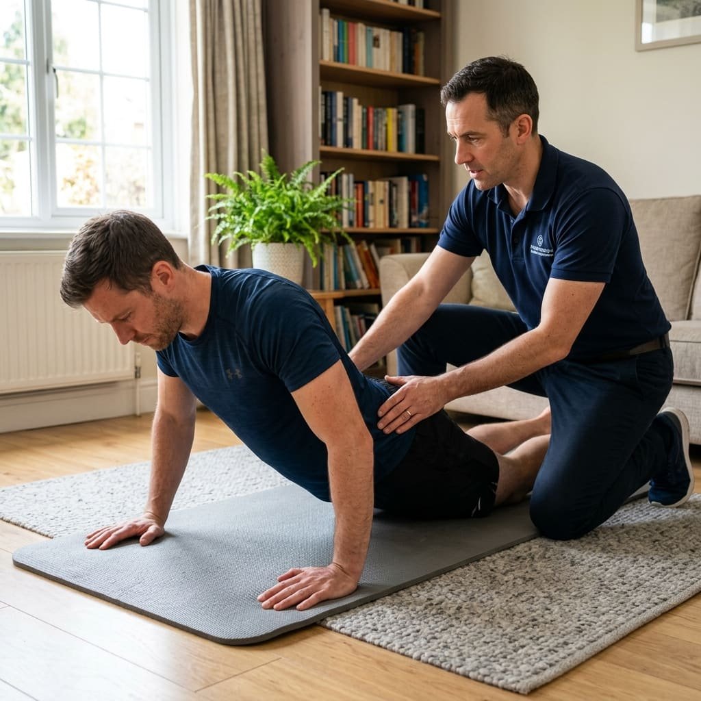 Back pain therapeutic exercise session on a home mat with supervision
