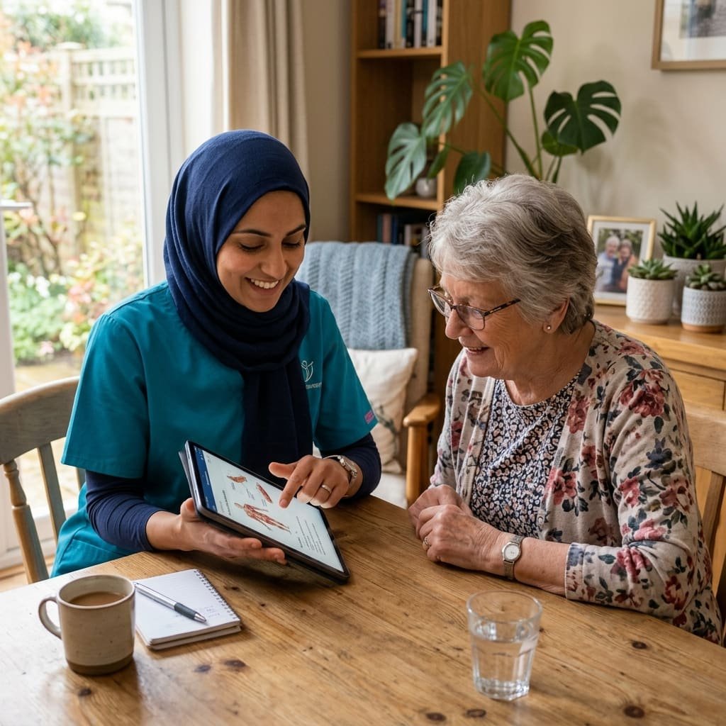 Female therapist reviewing a care plan with an older female patient in Makkah